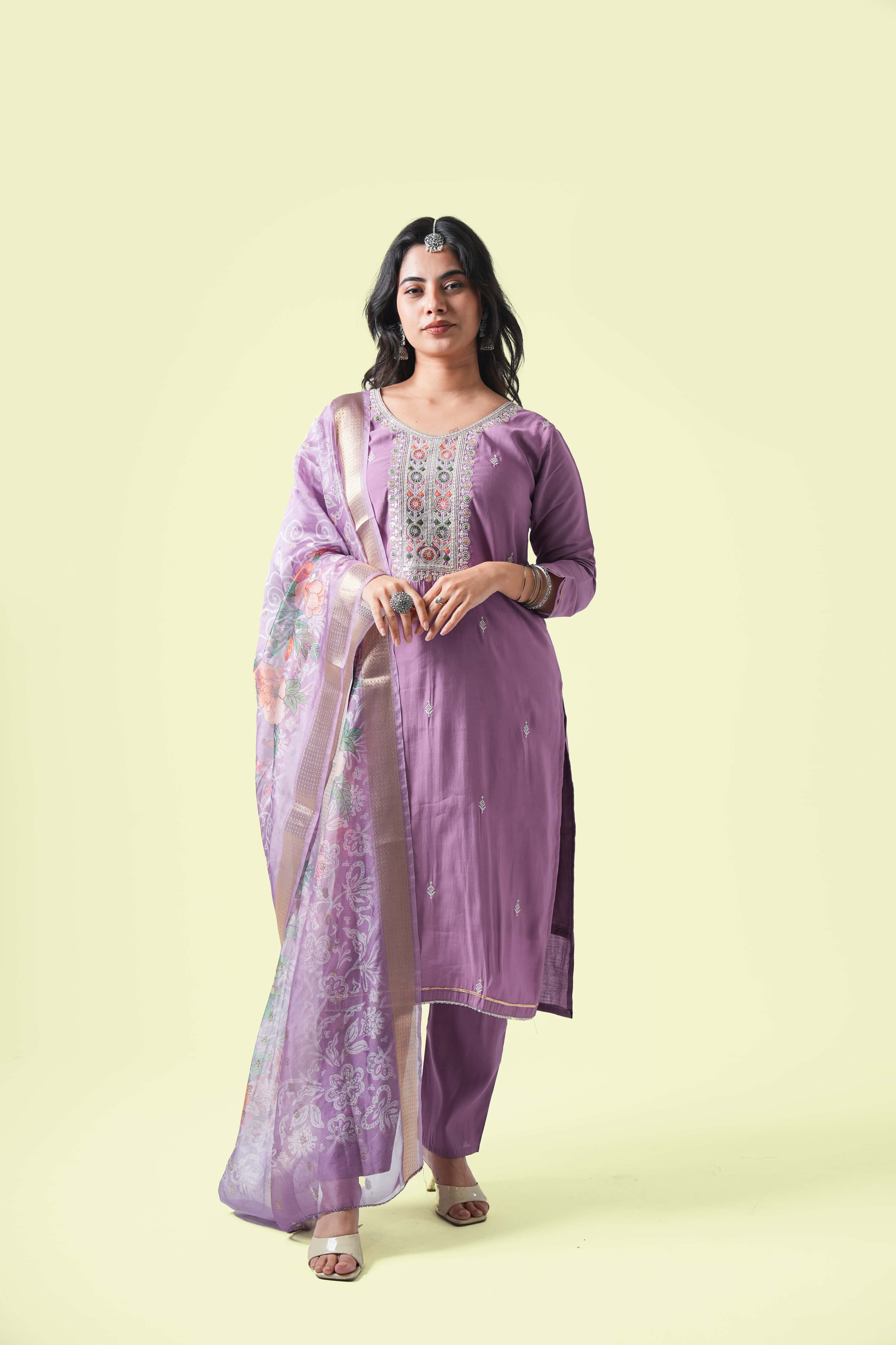 Lavender Embroidered Kurta Set with Dupatta