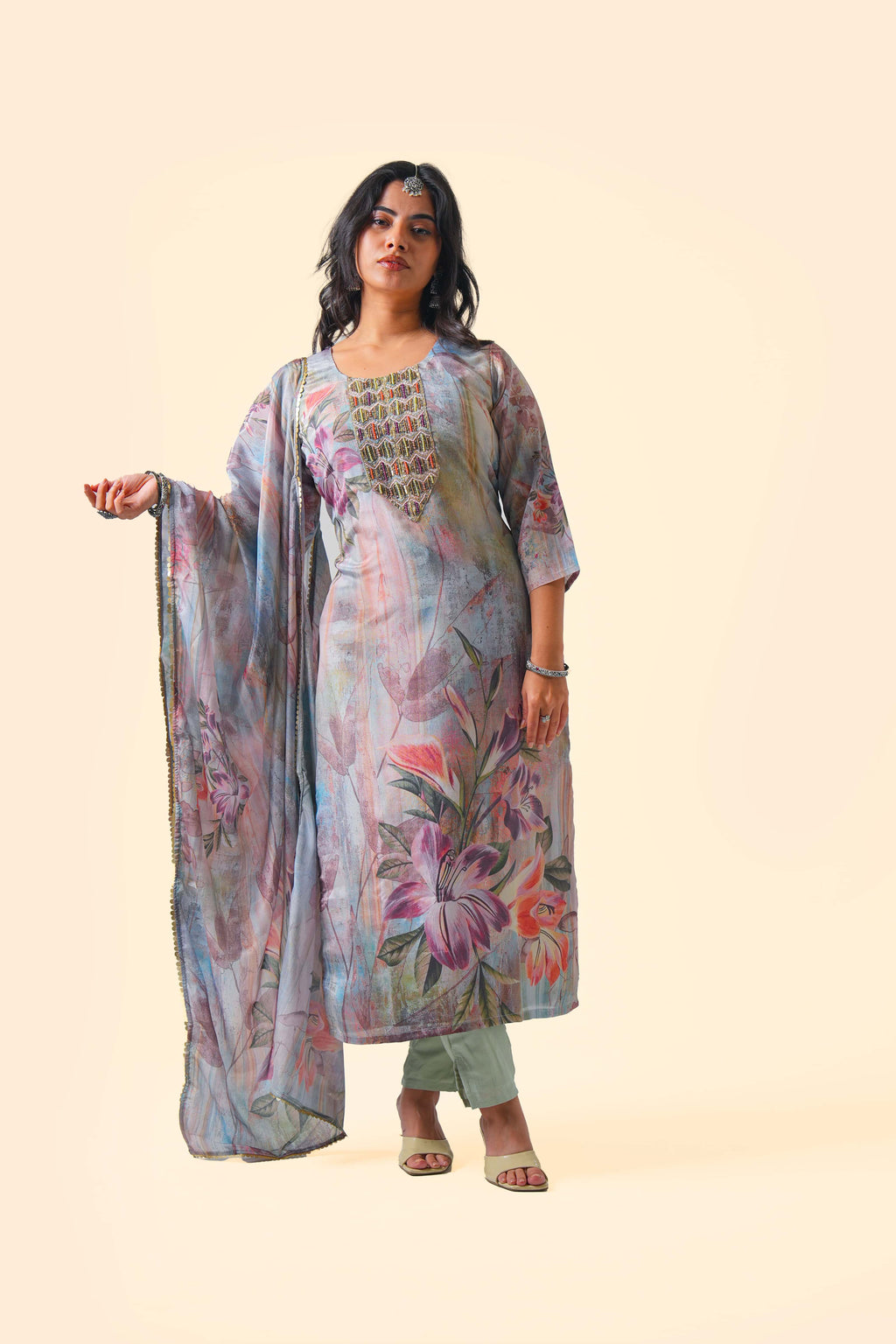 Floral Aquarelle Kurta Set with Dupatta