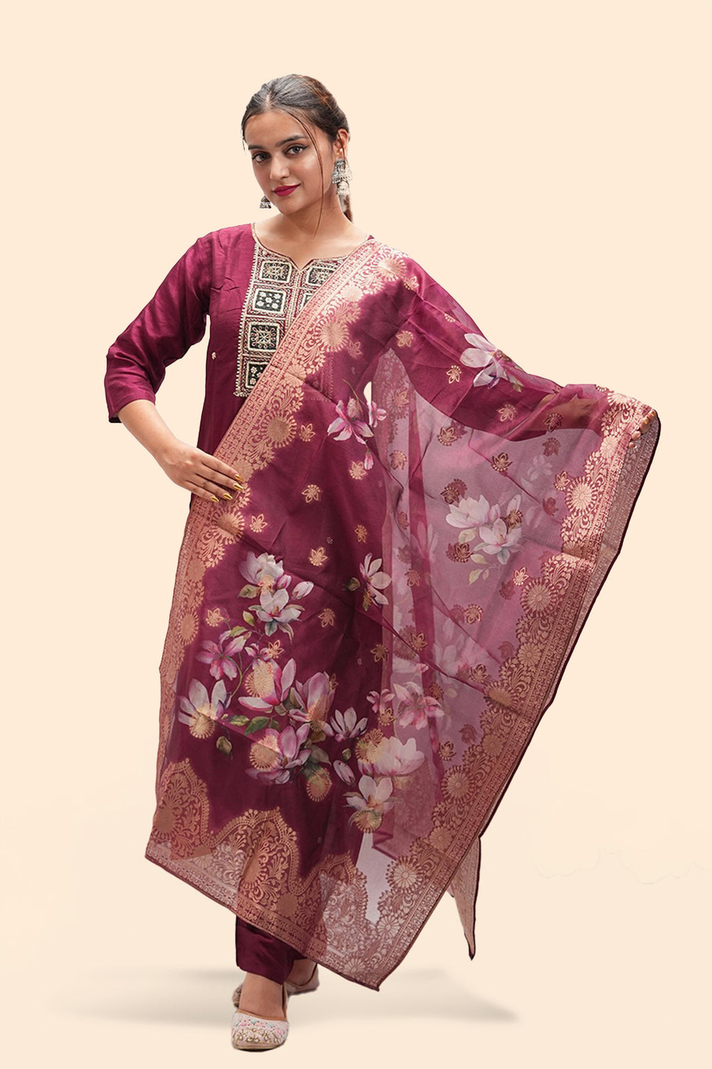 Deep Wine Embroidered Kurta Set with Dupatta