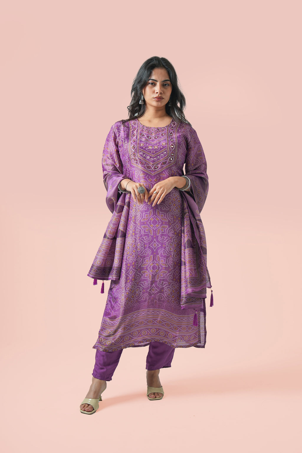 Purple Mirror Work Kurta Set with Dupatta