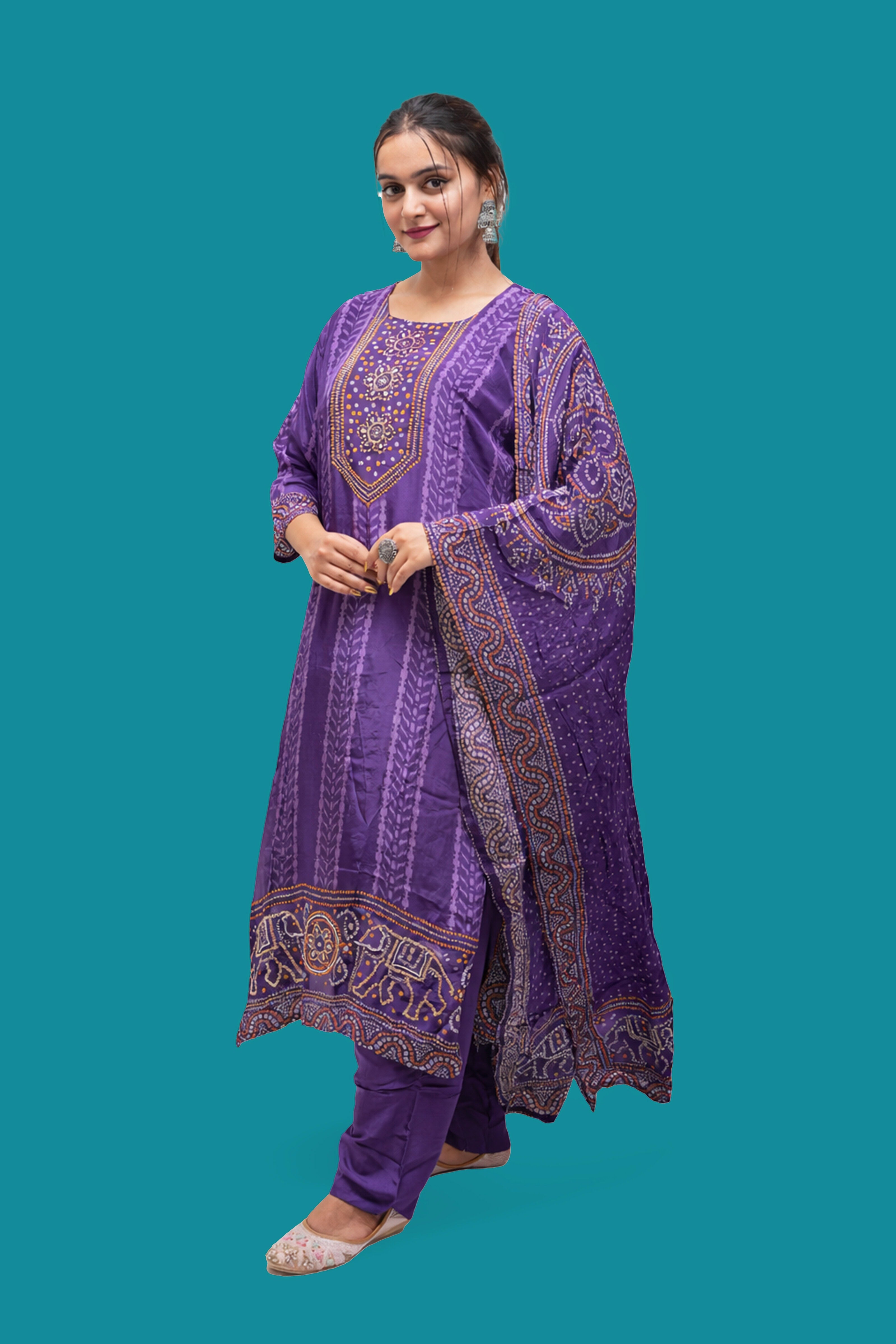 Bandhej Mirror Work Kurta Set with Dupatta