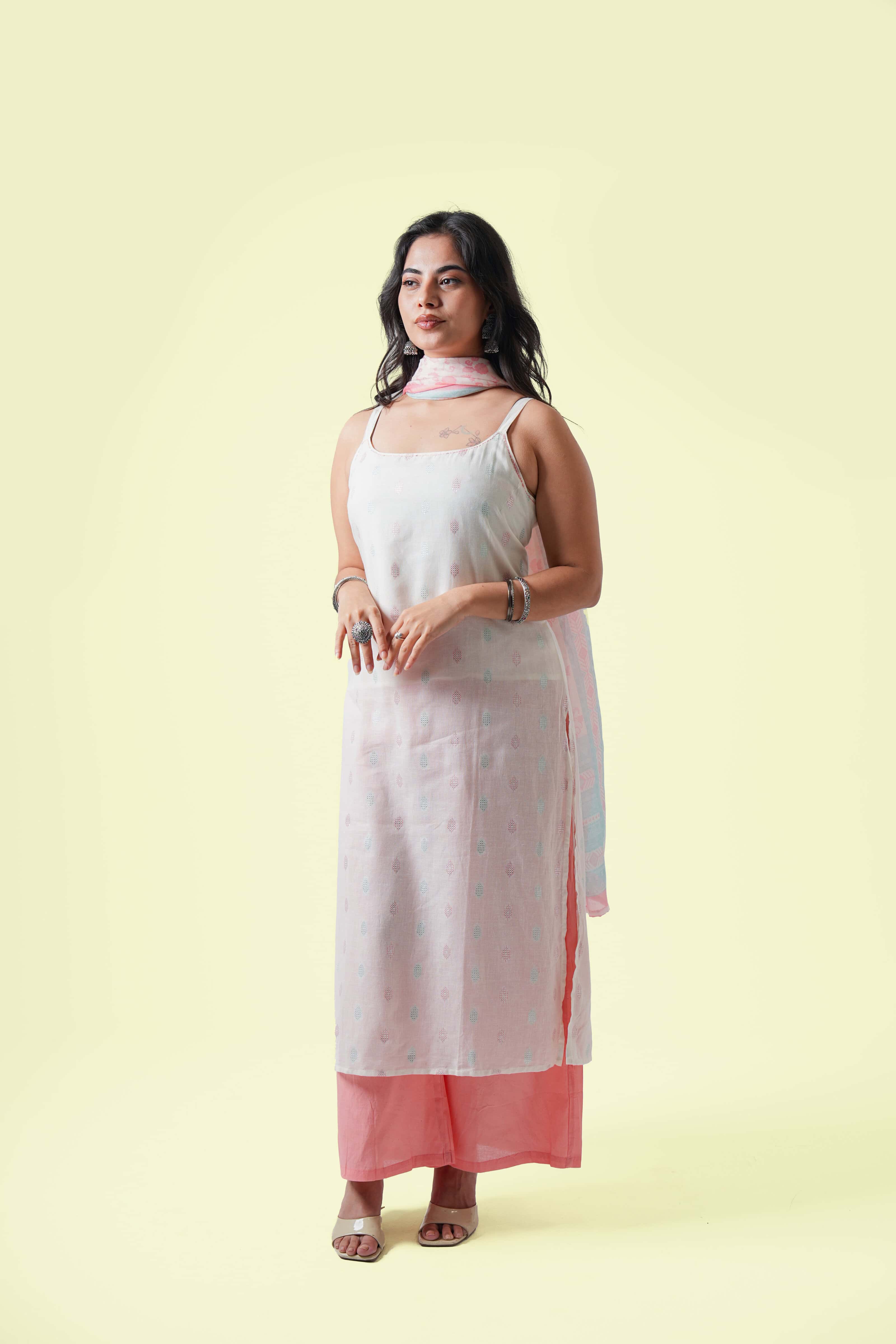 Peach Pastel Printed Kurta Set with Dupatta