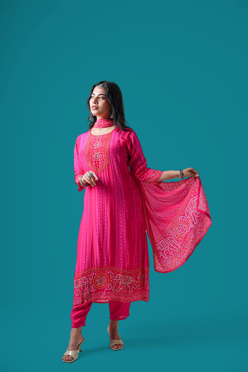 Bandhej Mirror Work Kurta Set with Dupatta