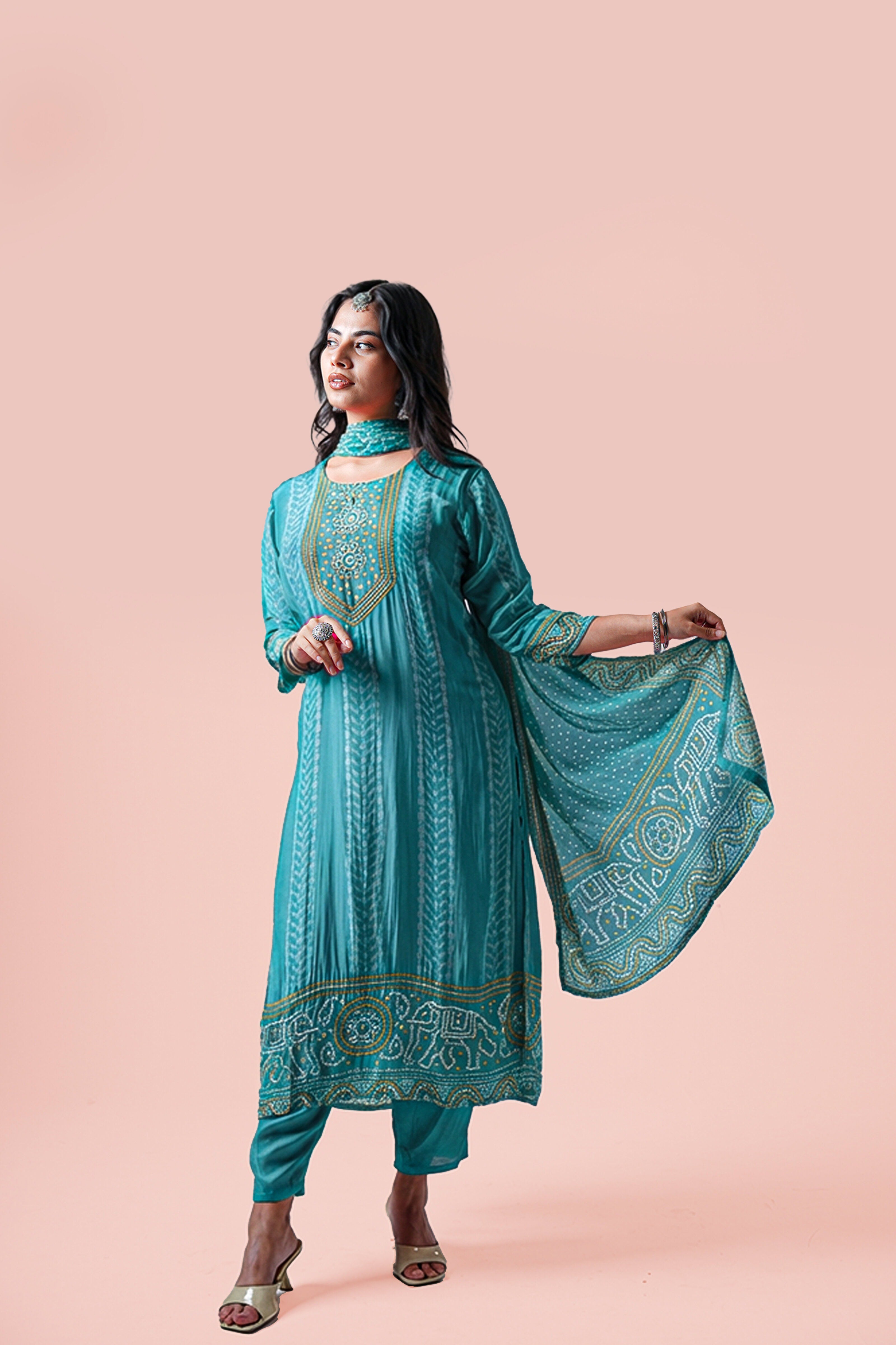 Bandhej Mirror Work Kurta Set with Dupatta