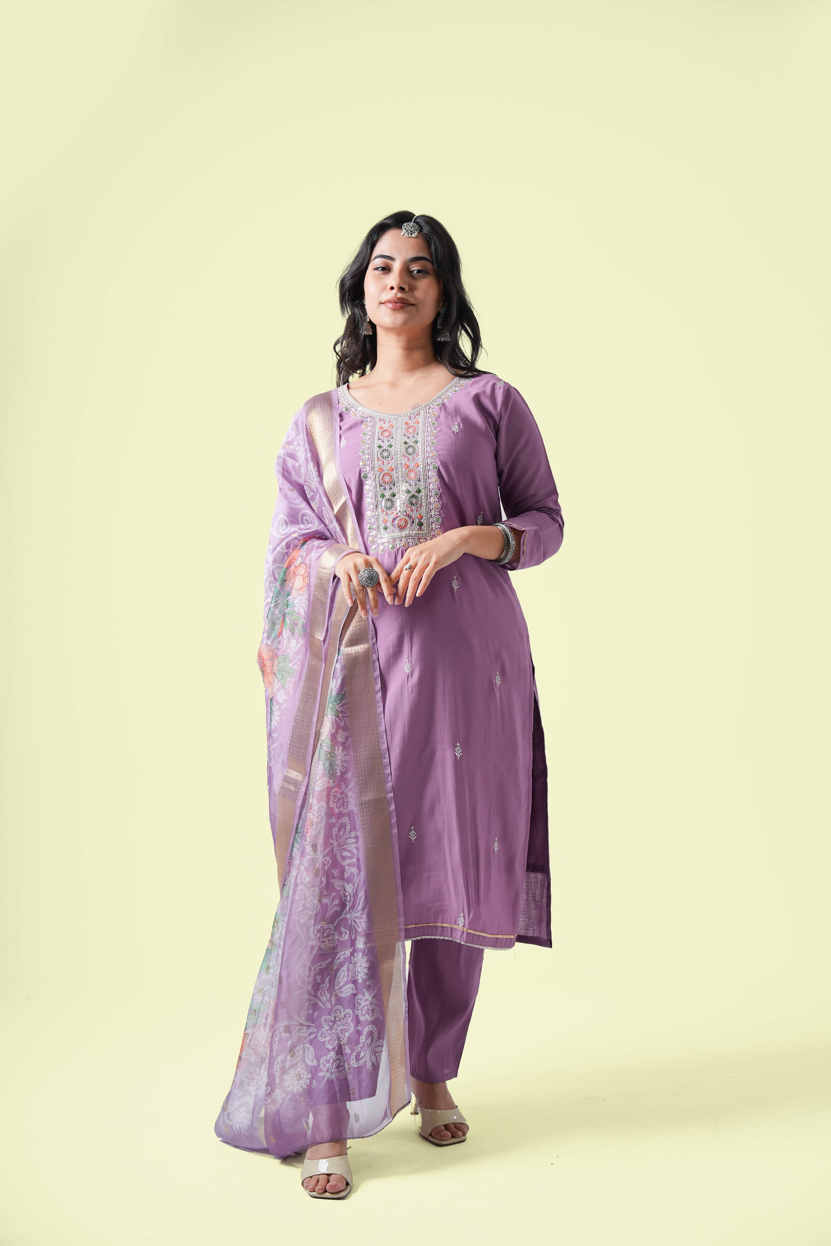Lavender Embroidered Kurta Set with Dupatta