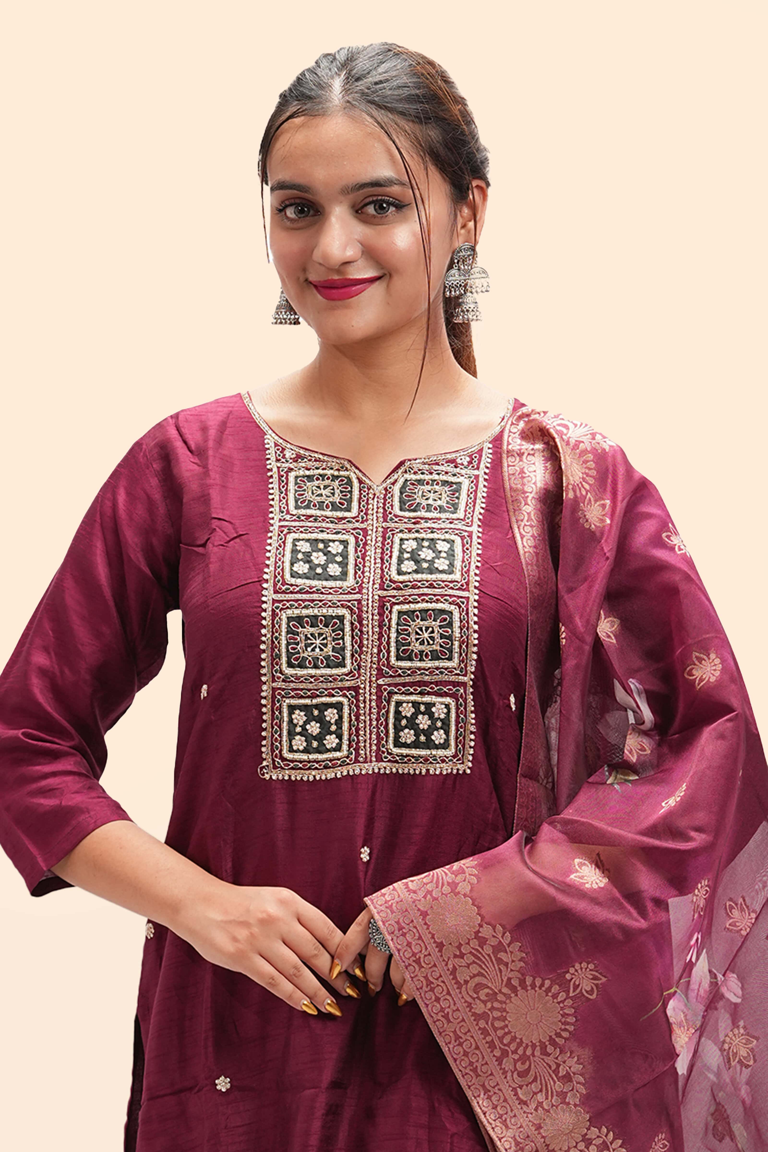 Deep Wine Embroidered Kurta Set with Dupatta