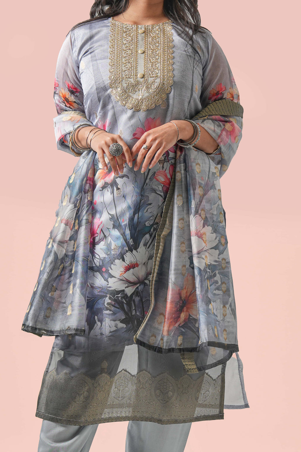 Chandini Floral Organza Kurta set with Dupatta