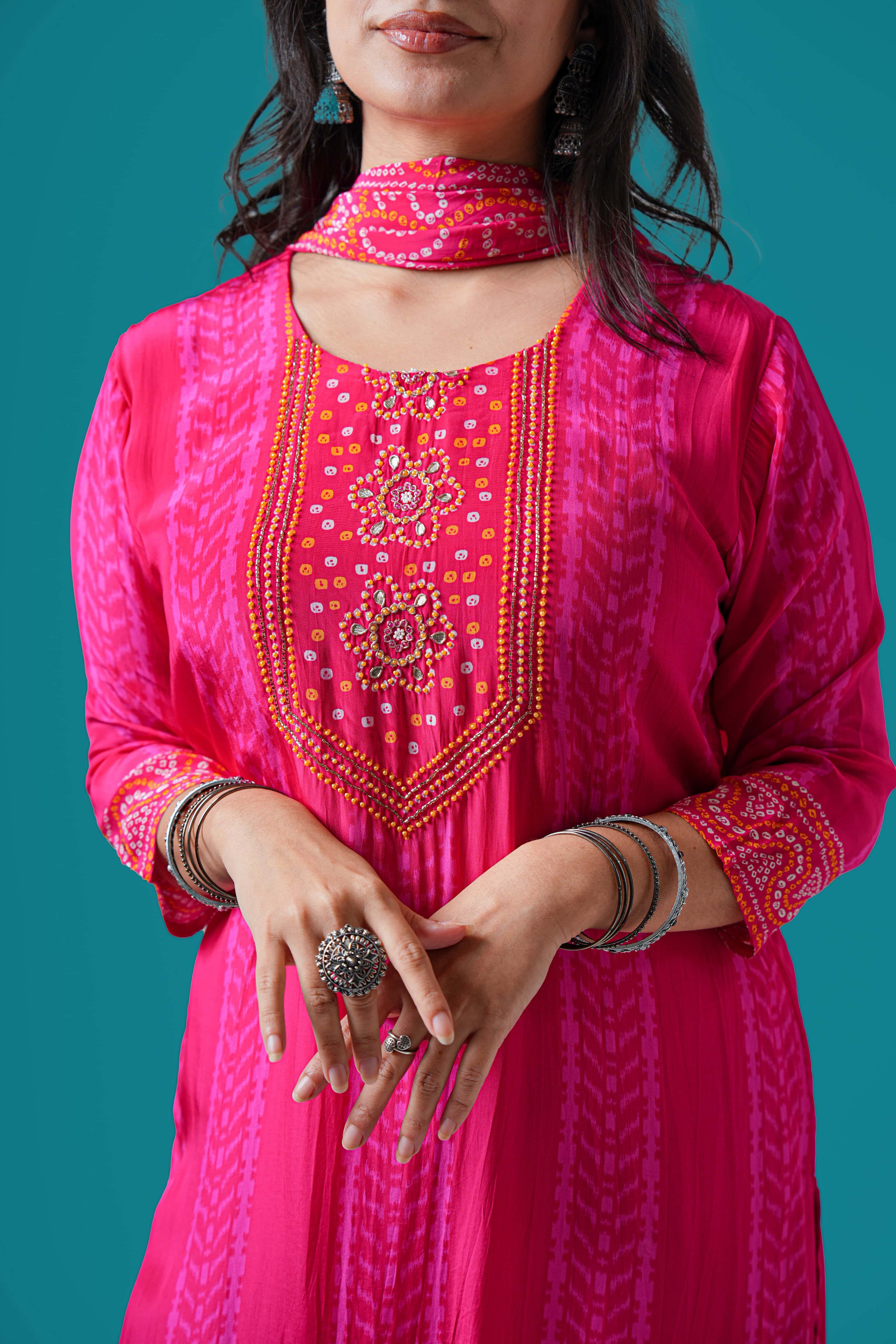 Bandhej Mirror Work Kurta Set with Dupatta