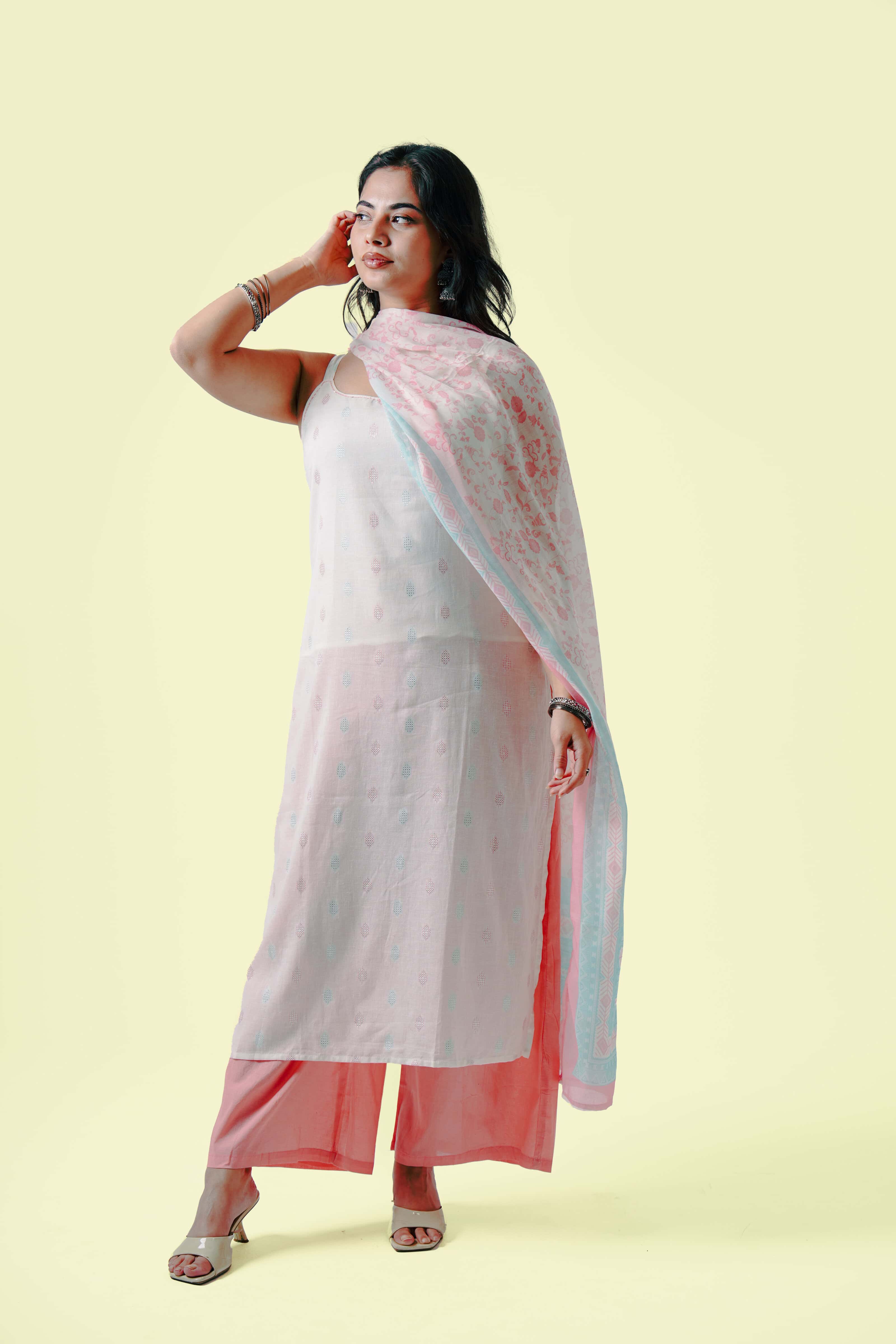 Peach Pastel Printed Kurta Set with Dupatta