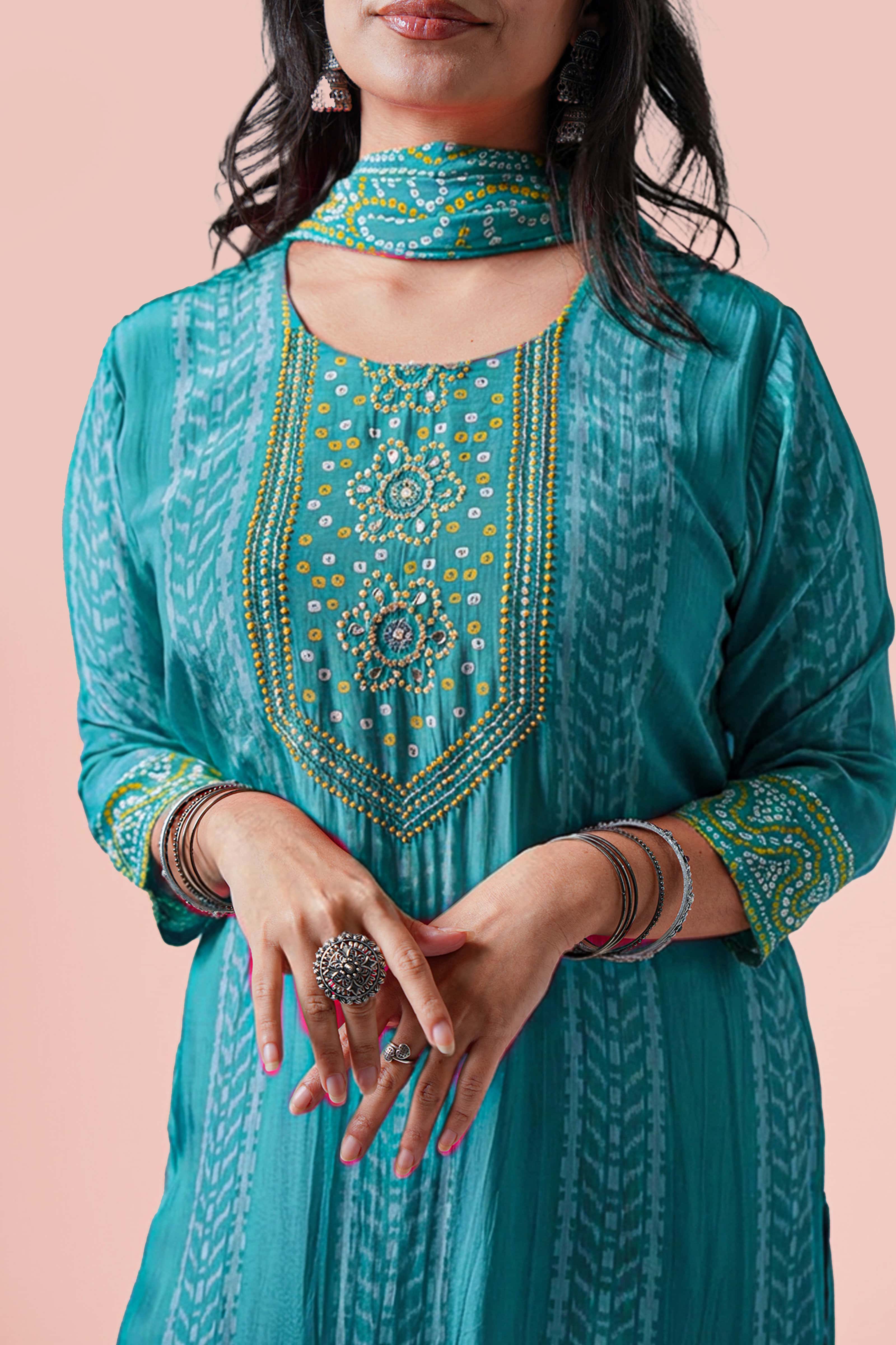 Bandhej Mirror Work Kurta Set with Dupatta