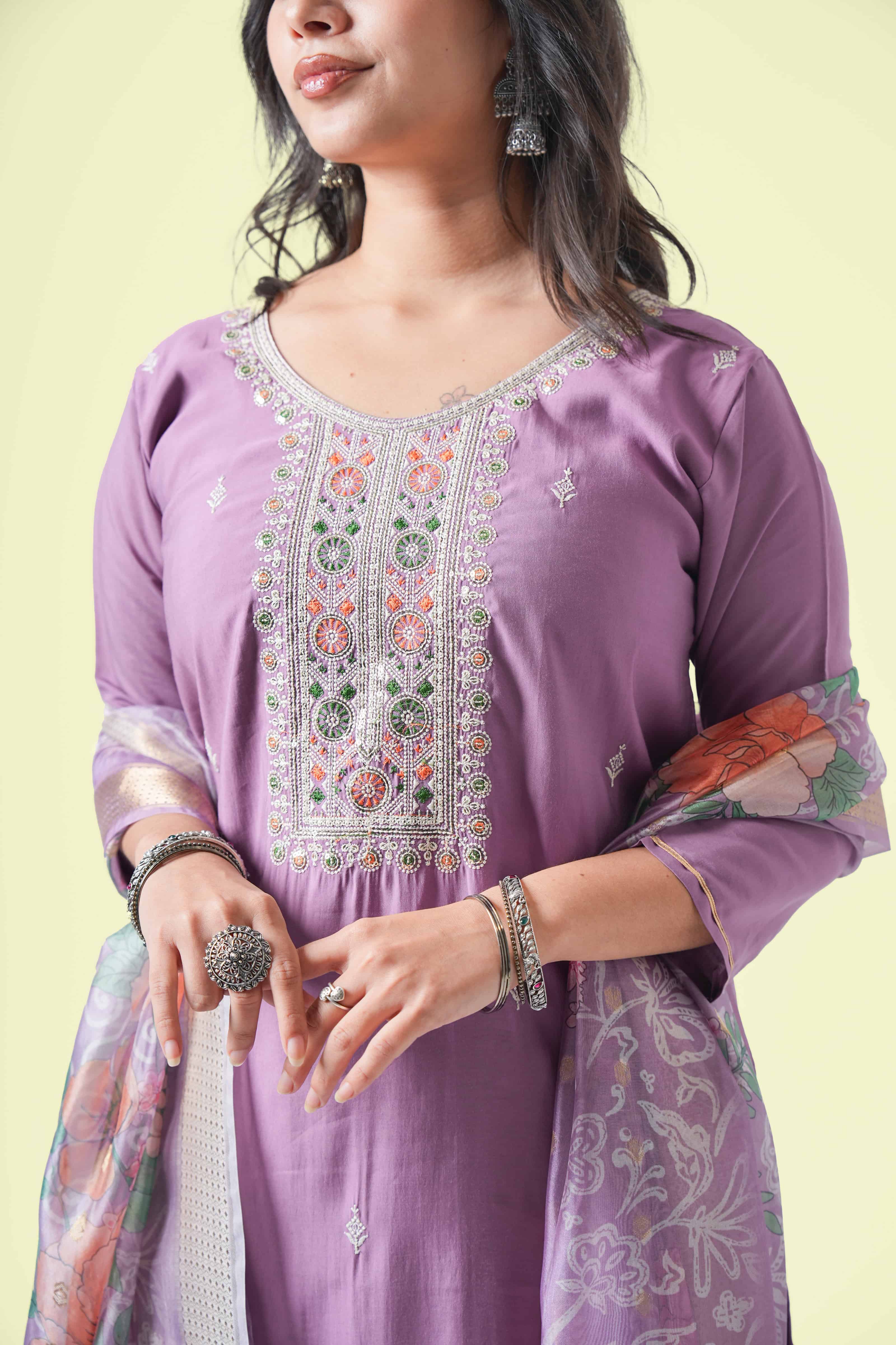 Lavender Embroidered Kurta Set with Dupatta