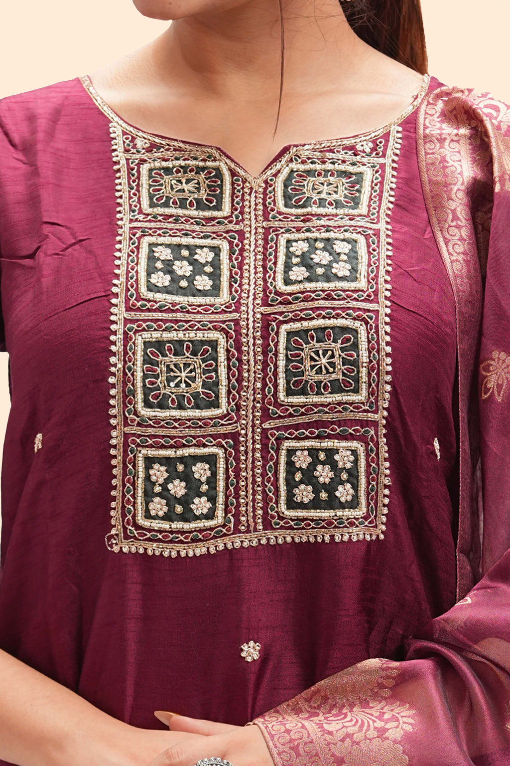 Deep Wine Embroidered Kurta Set with Dupatta