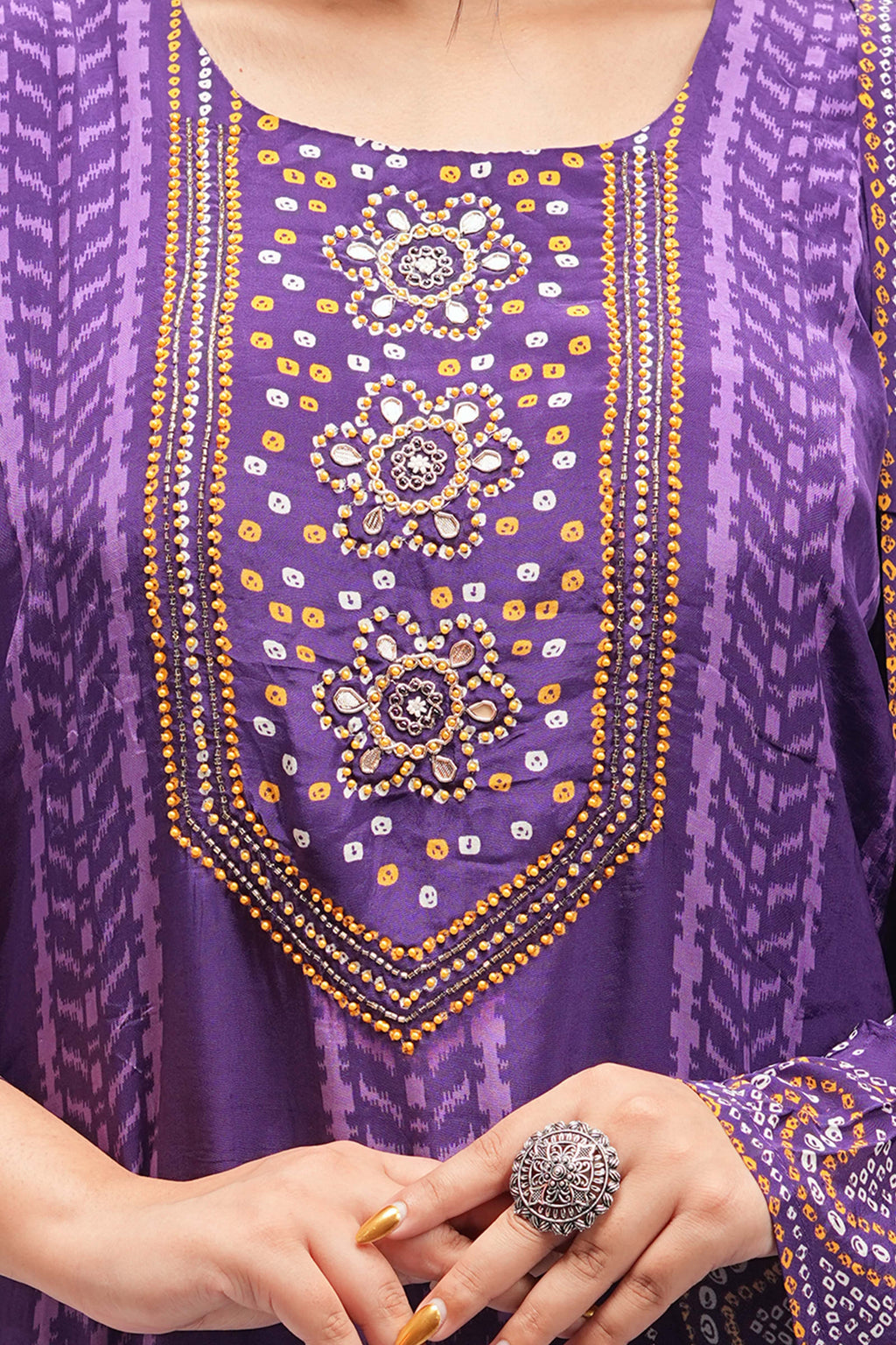 Bandhej Mirror Work Kurta Set with Dupatta