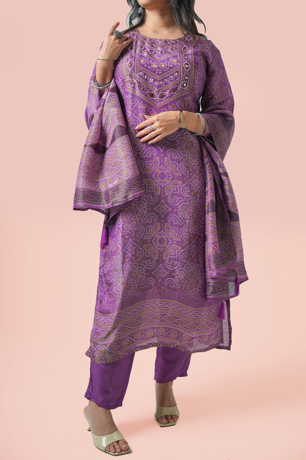 Purple Mirror Work Kurta Set with Dupatta