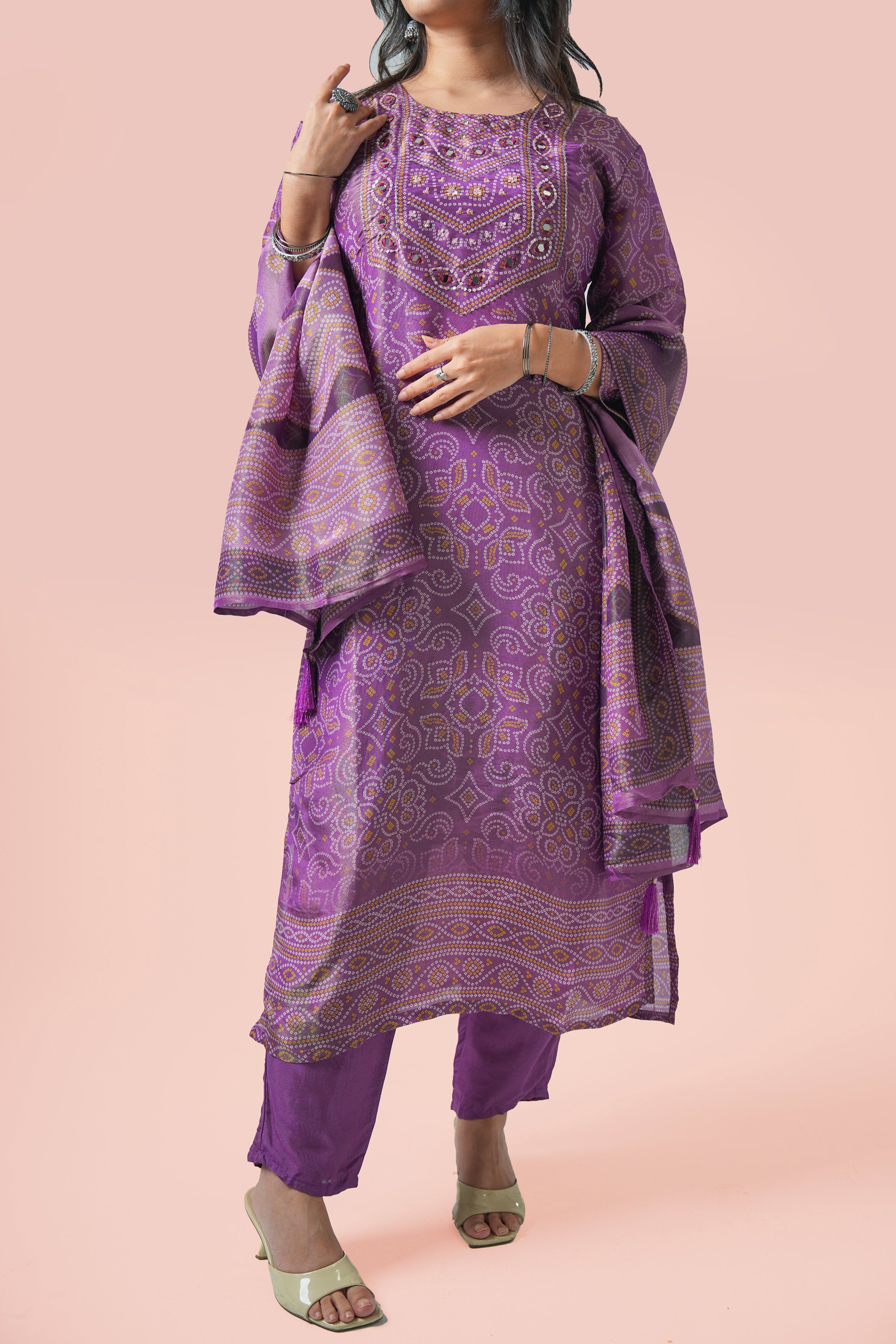 Purple Mirror Work Kurta Set with Dupatta