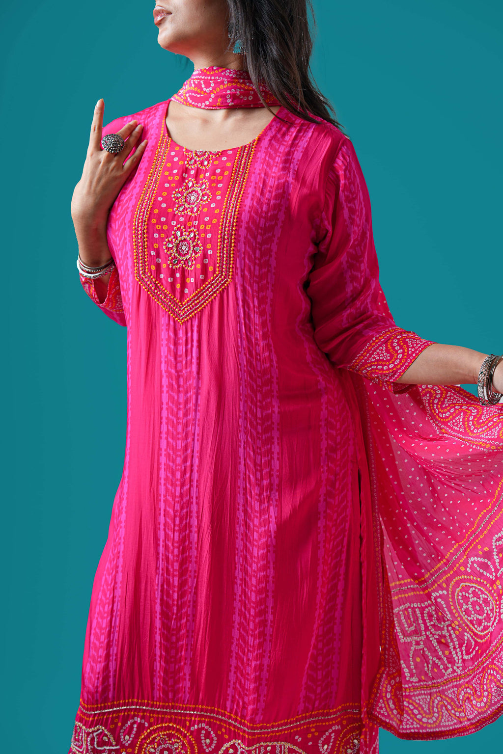 Bandhej Mirror Work Kurta Set with Dupatta