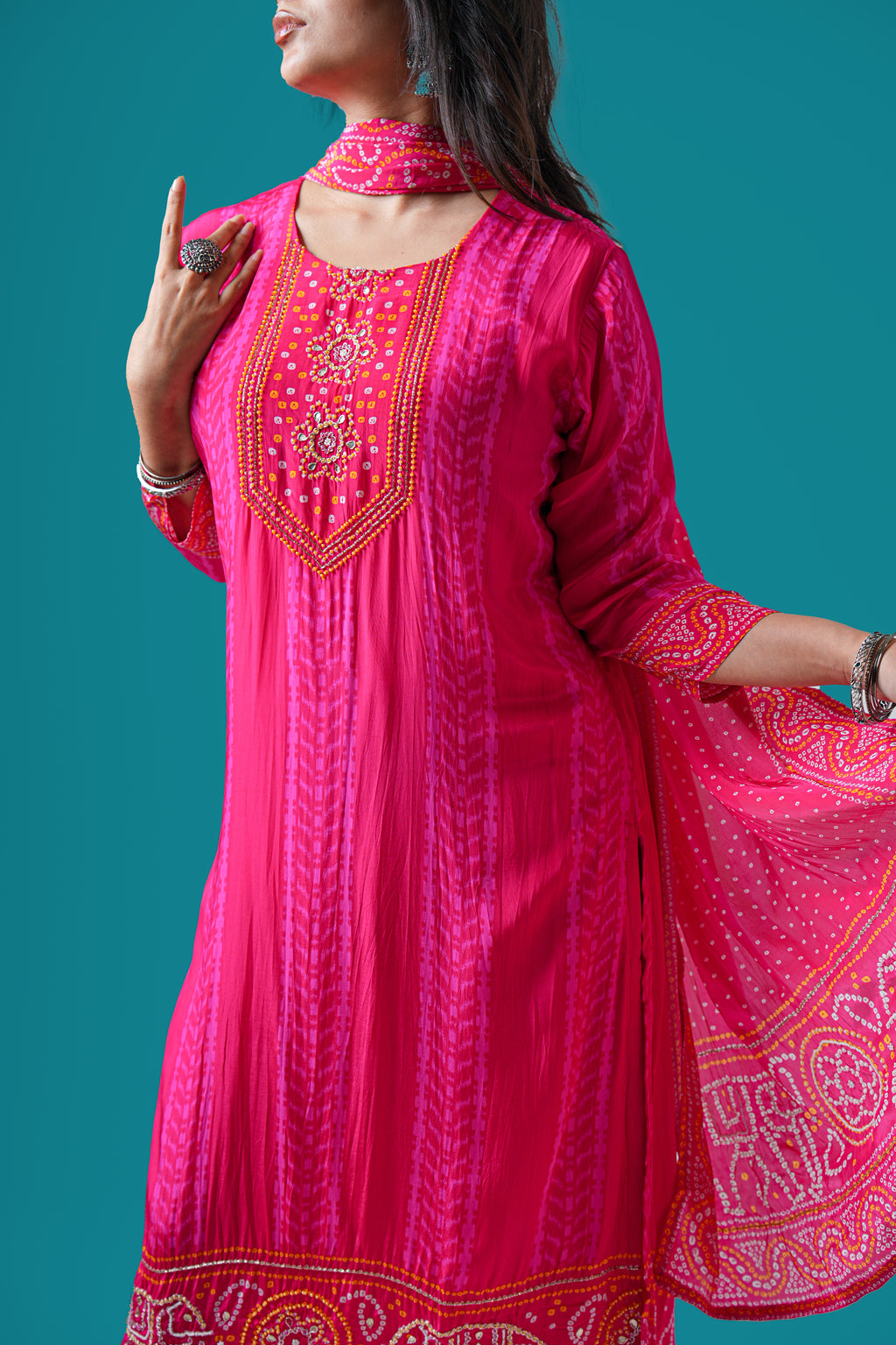 Bandhej Mirror Work Kurta Set with Dupatta
