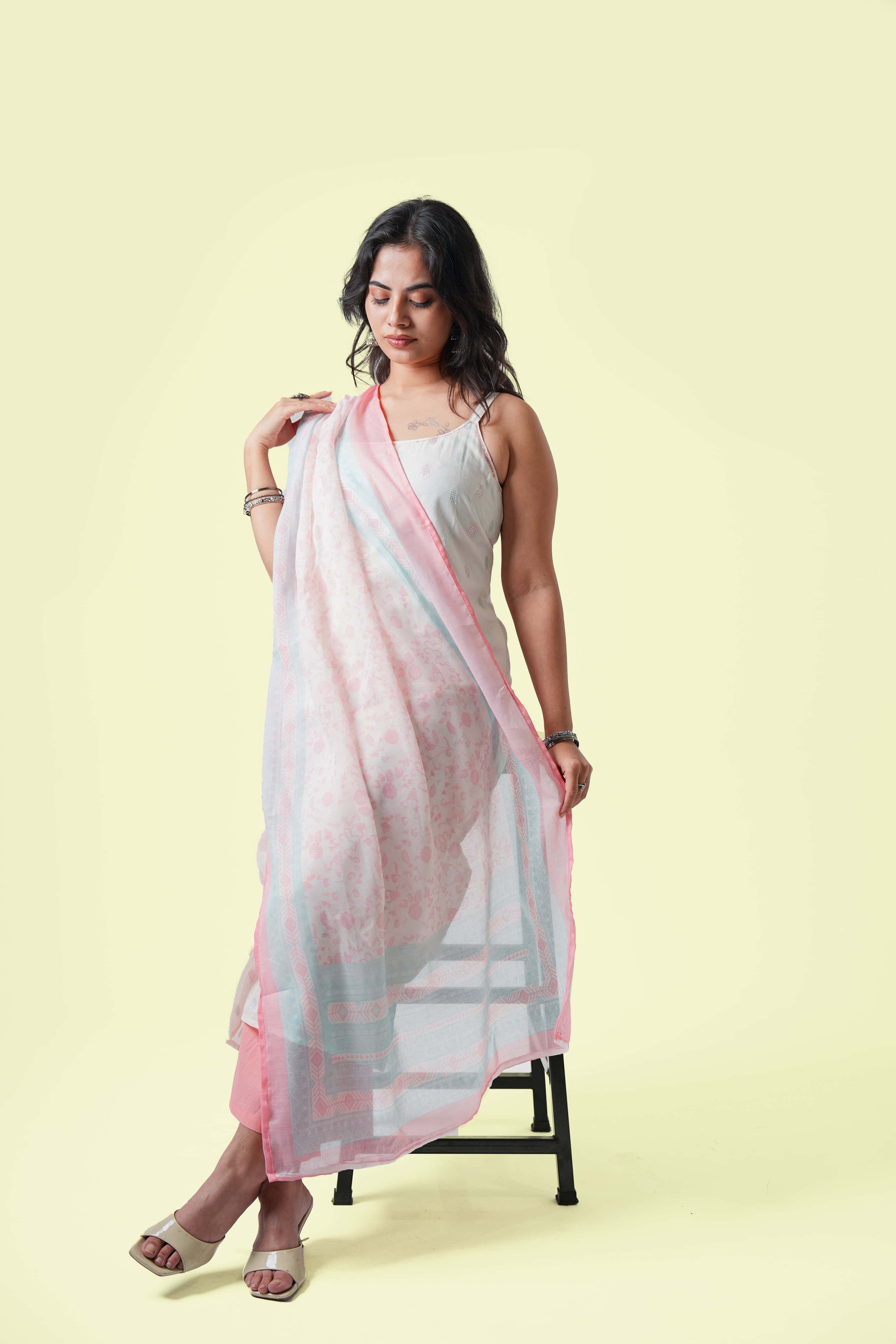 Peach Pastel Printed Kurta Set with Dupatta