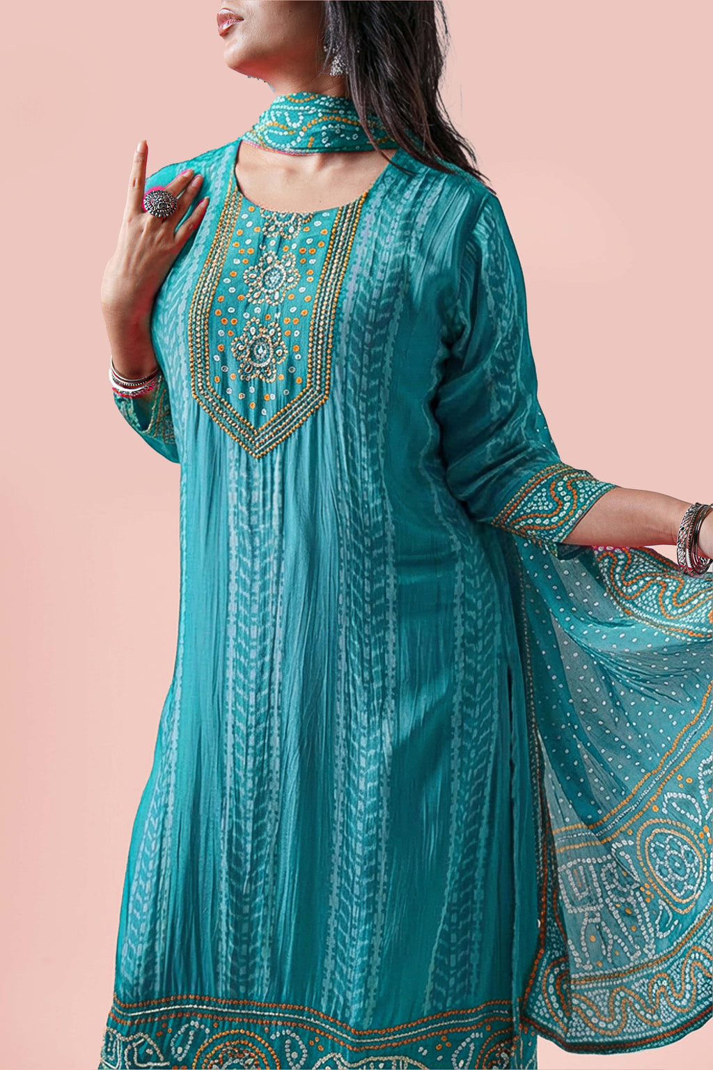 Bandhej Mirror Work Kurta Set with Dupatta