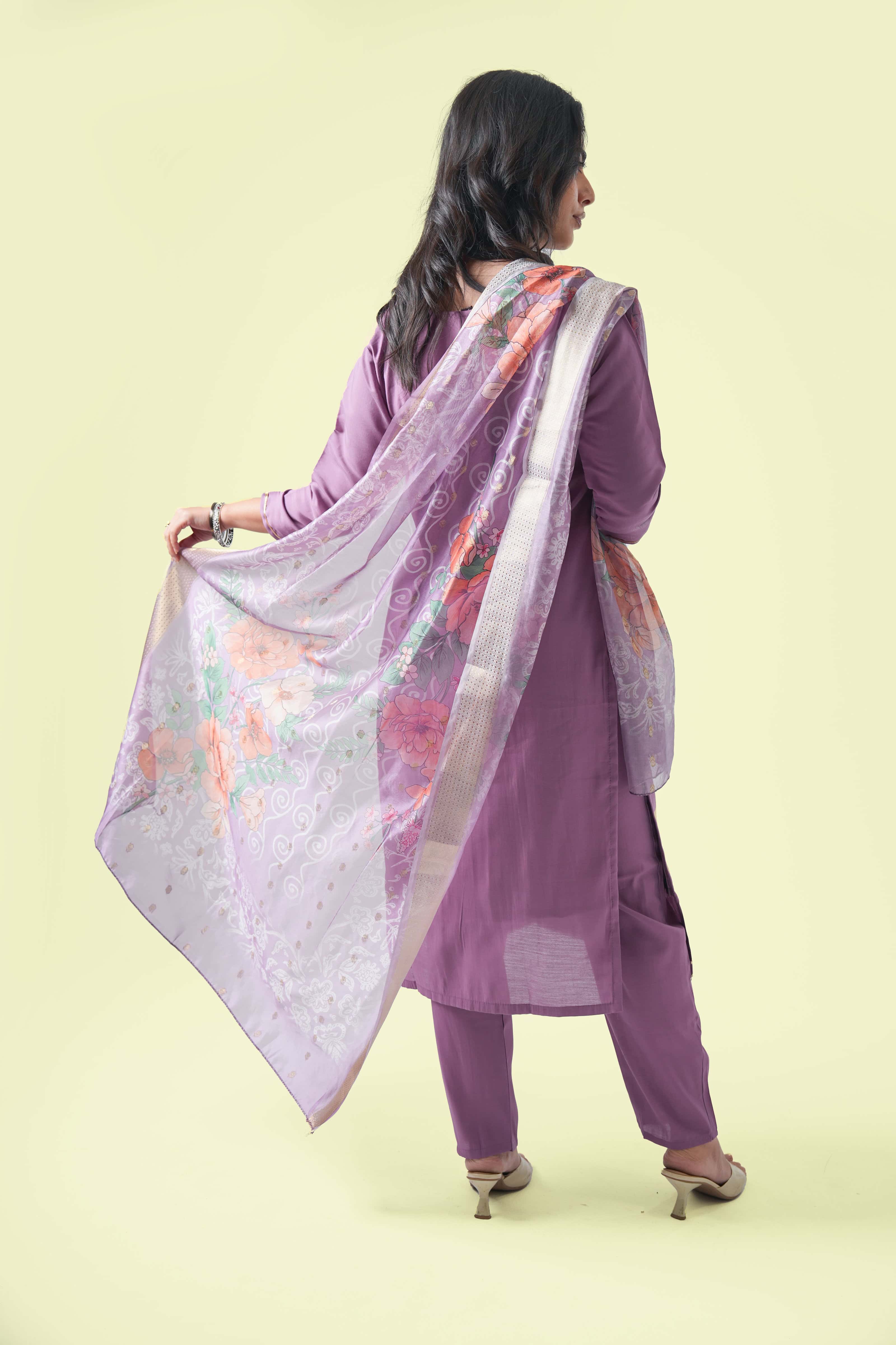 Lavender Embroidered Kurta Set with Dupatta
