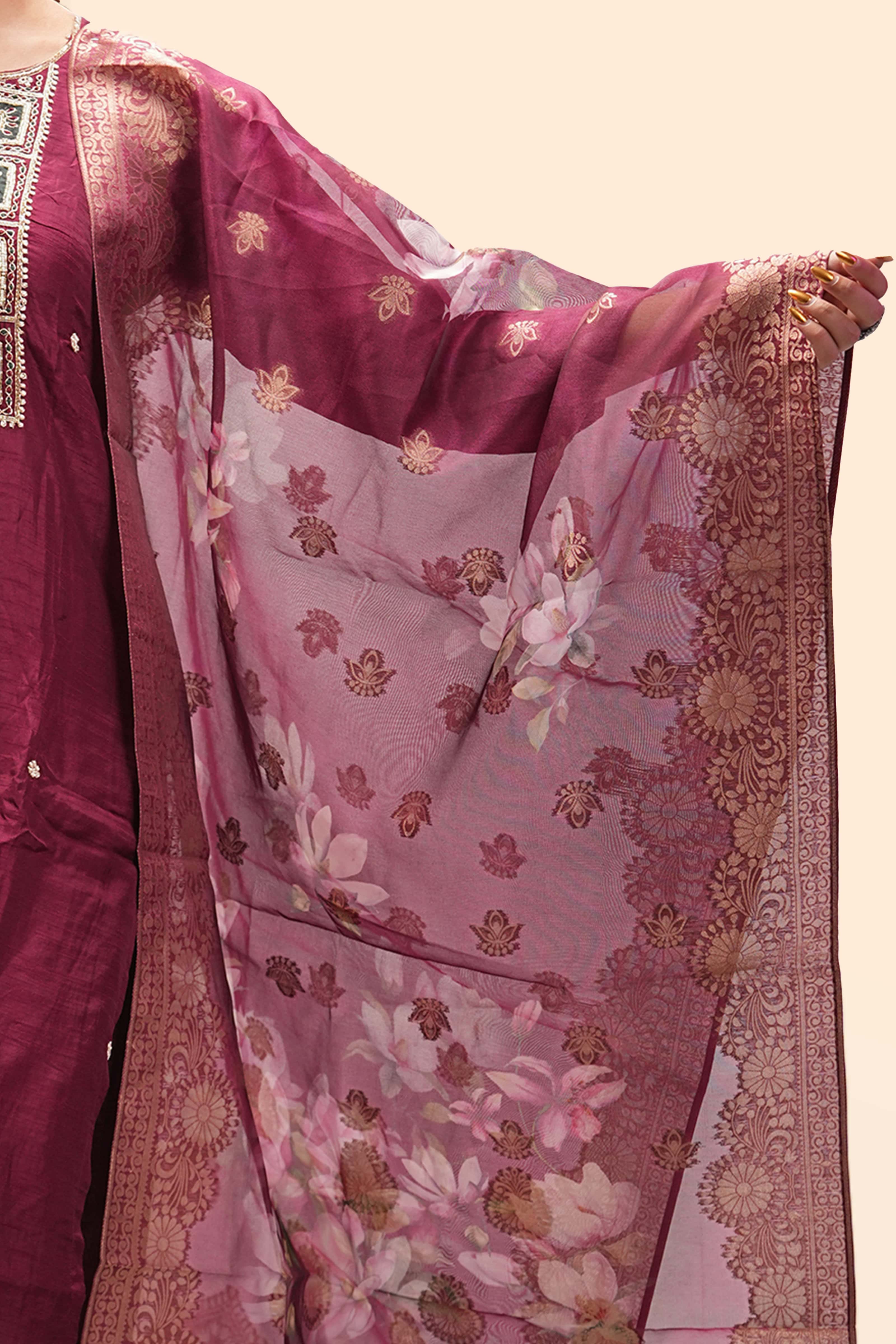 Deep Wine Embroidered Kurta Set with Dupatta
