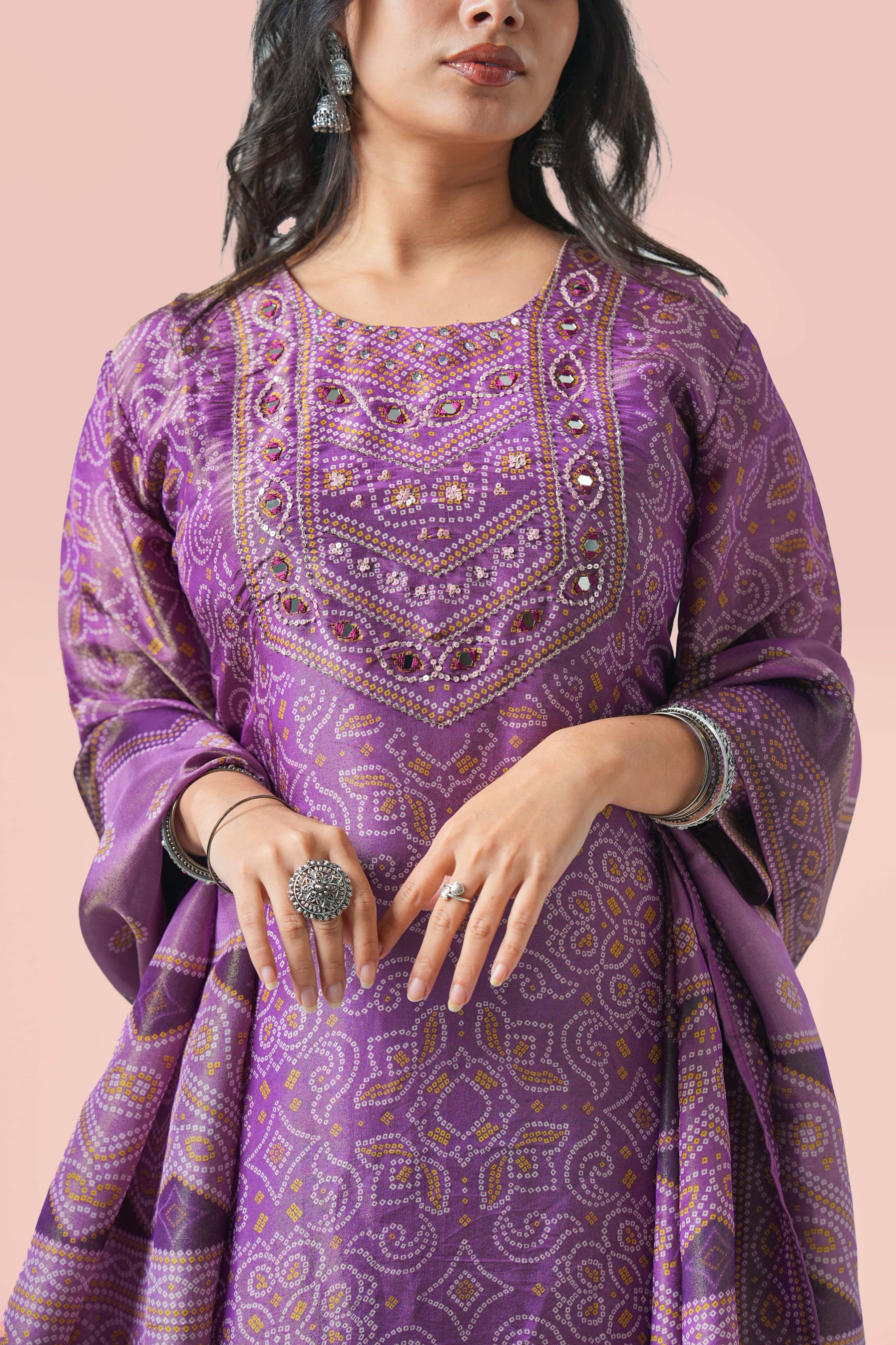 Purple Mirror Work Kurta Set with Dupatta