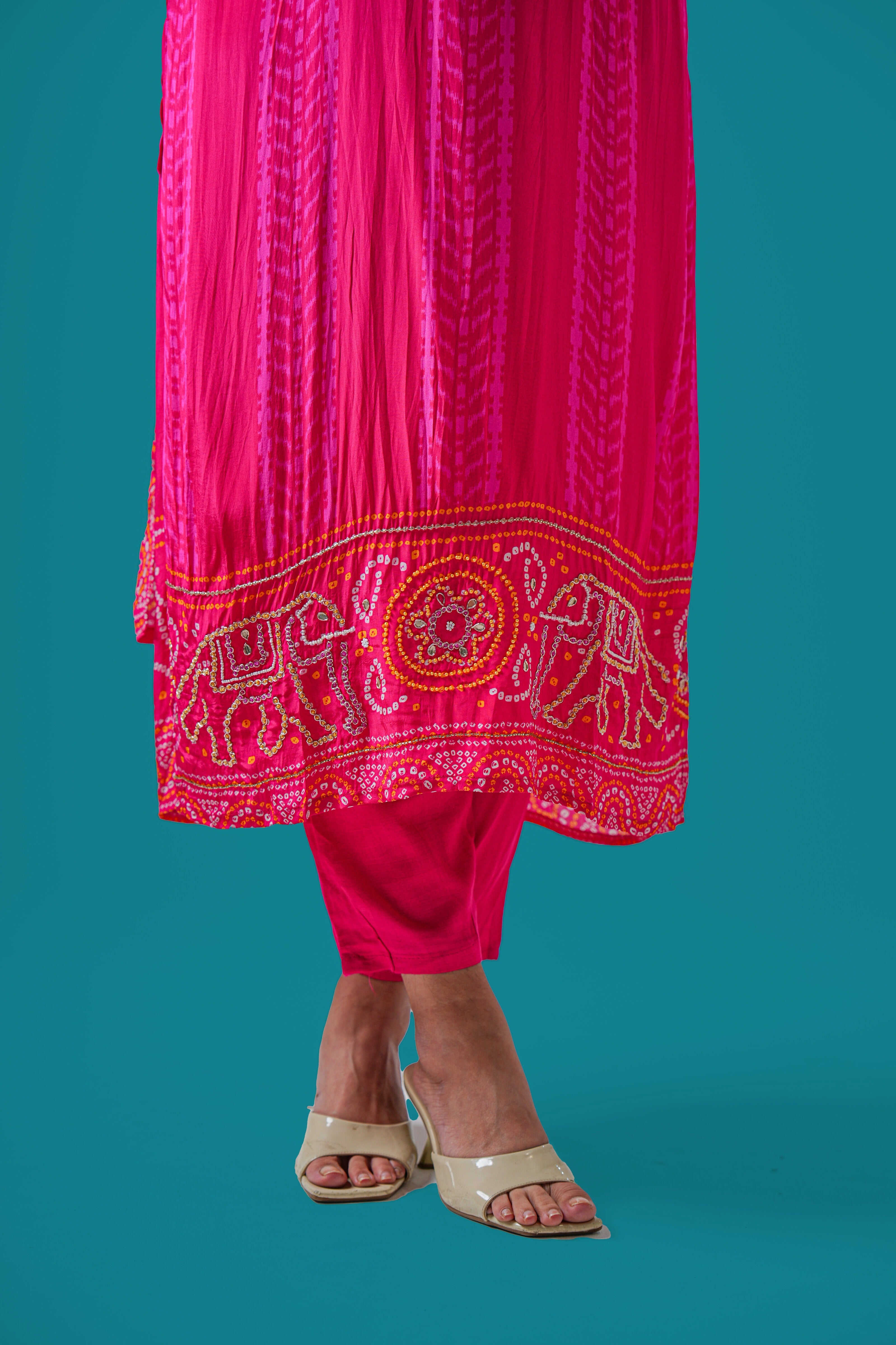 Bandhej Mirror Work Kurta Set with Dupatta